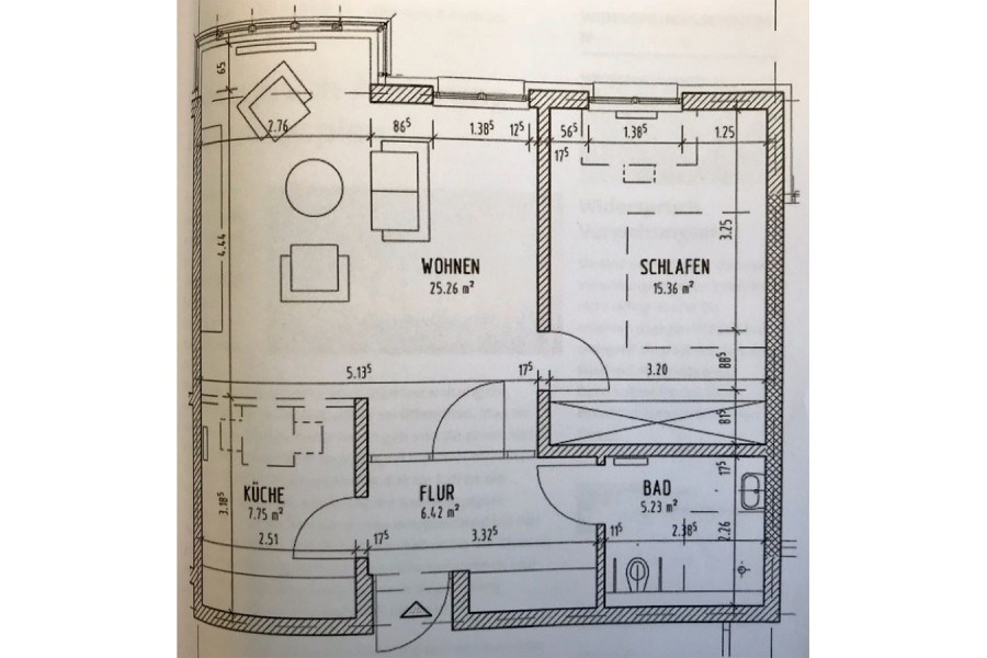 Aufteilung einer typischen Single-Wohnung